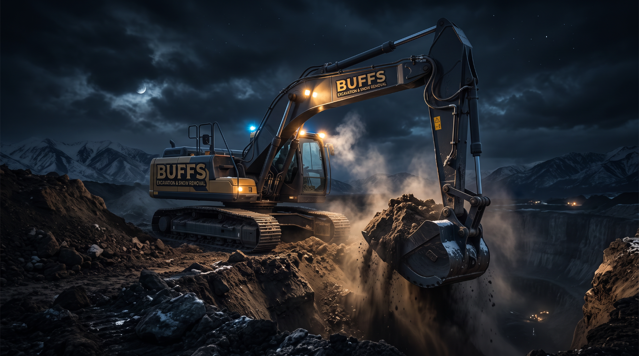 Buffs Excavation excavator working at night
